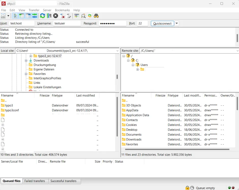 Programma FTP con finestra di stato, file locali e directory del server Immagine: Programma FTP con finestra di stato, file locali e directory del server