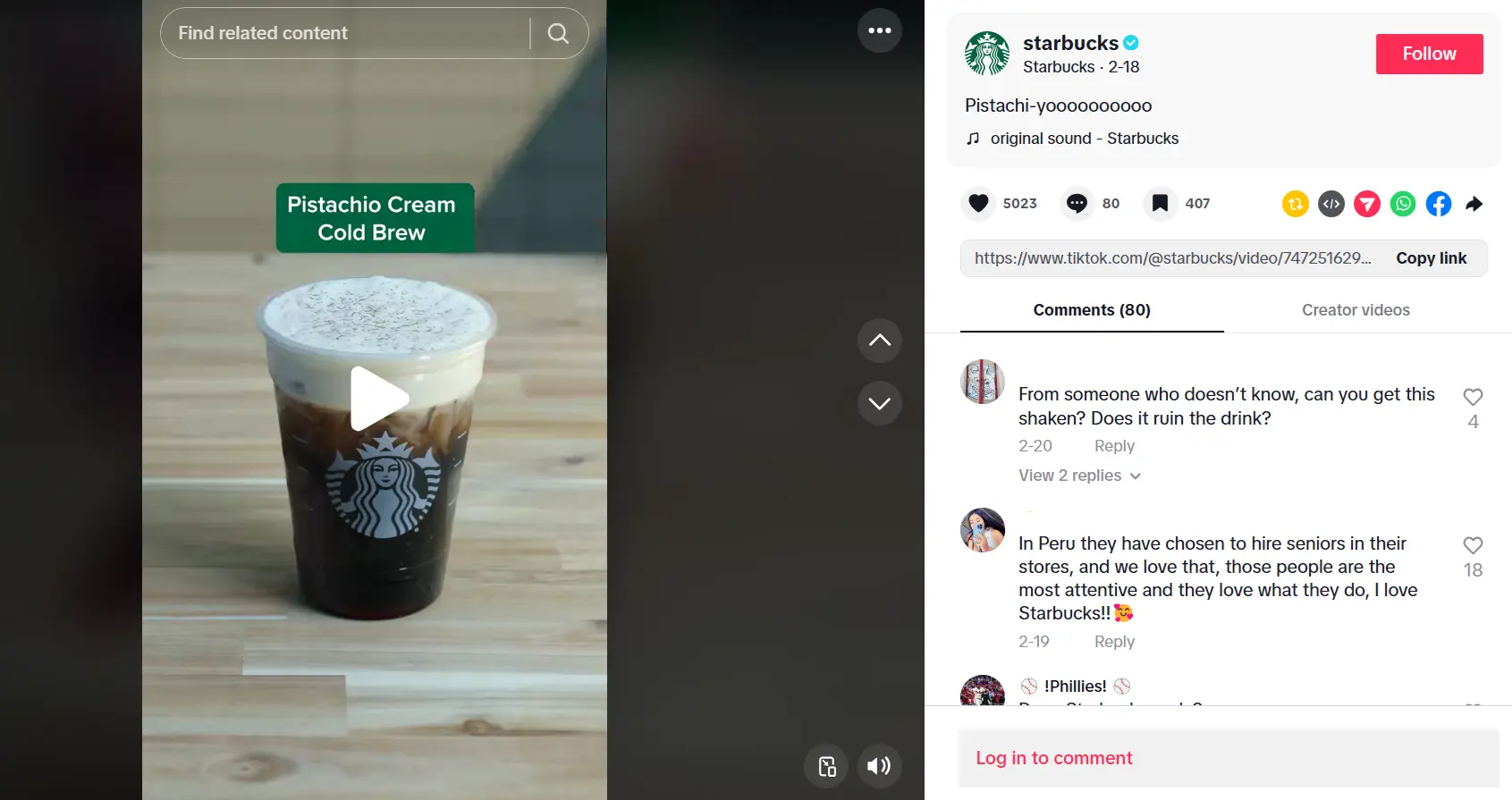 Schermata di un post TikTok di Starbucks Immagine: Schermata di un post TikTok di Starbucks