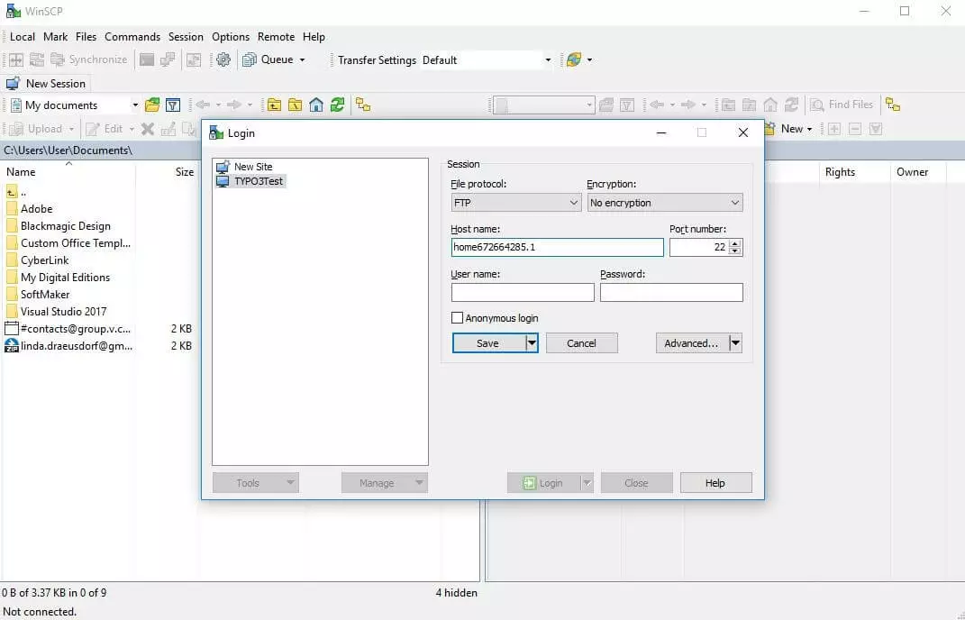 Login del server FTP in WinSCP