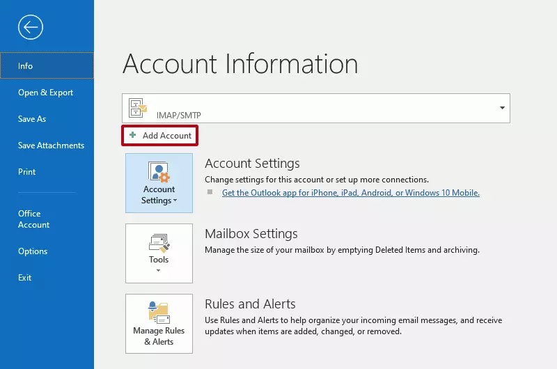 Outlook: pulsante “Aggiungi account”