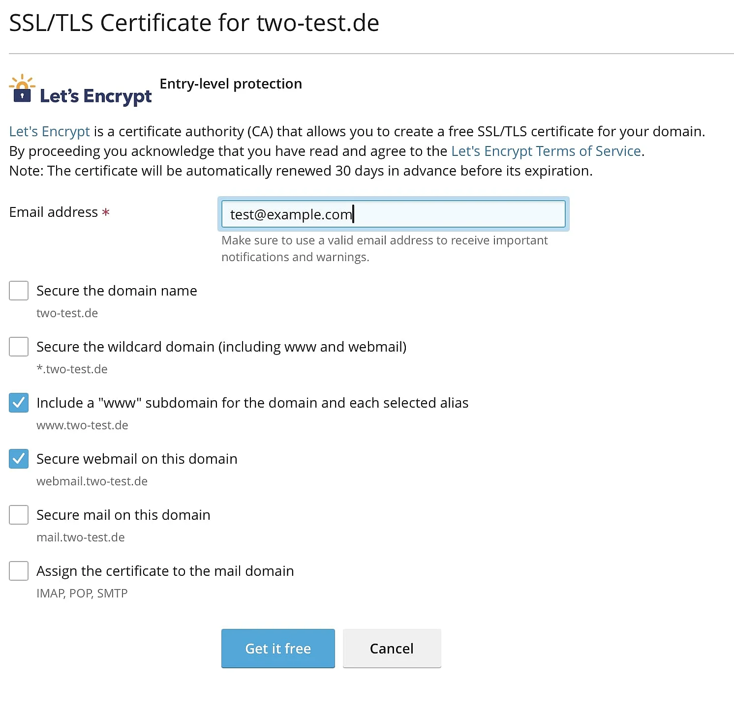 Opzioni di Let’s Encrypt Immagine: Opzioni di Let’s Encrypt