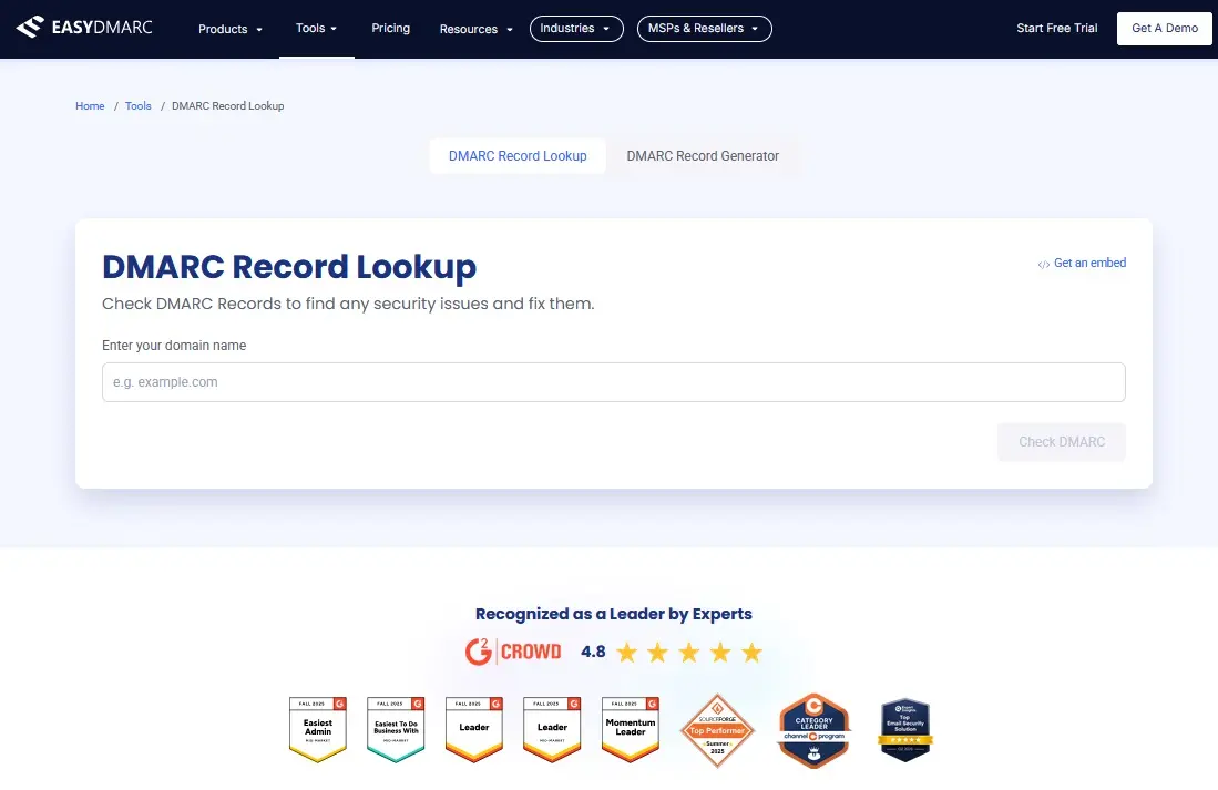 Immagine: Schermata di DMARC Record Lookup Tool di easydmarc.com