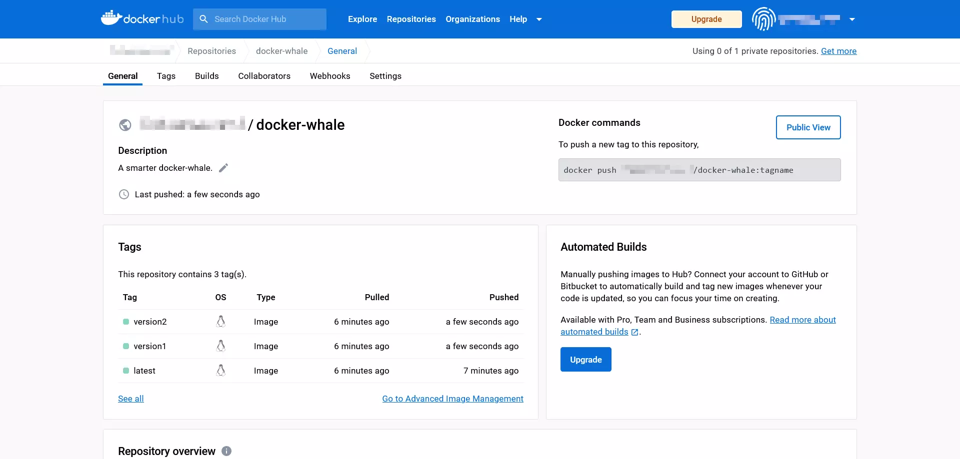 Docker Hub: screenshot della scheda “Tags” Docker Hub: screenshot della scheda “Tags”