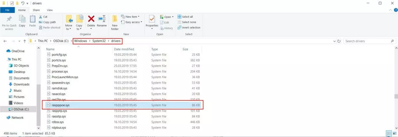Immagine: Windows 10 Explorer: directory del file raspppoe.sys