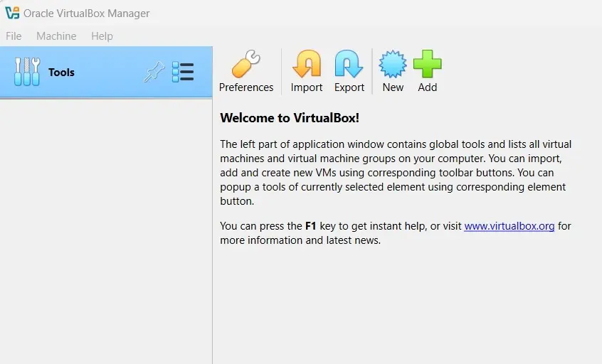 Oracle VirtualBox Manager: schermata iniziale Immagine: Oracle VirtualBox Manager: schermata iniziale