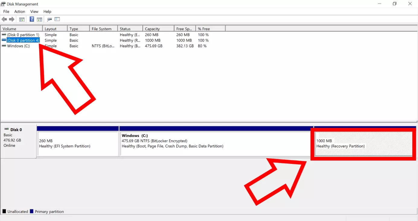 Screenshot della gestione del disco su Windows che mostra la partizione del disco 0