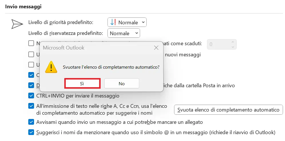 Finestra di dialogo di conferma per svuotare l’elenco di completamento automatico Immagine: Finestra di dialogo di conferma per svuotare l’elenco di completamento automatico
