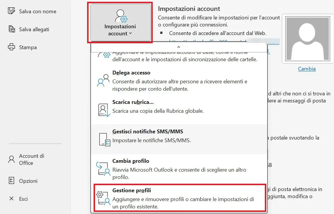 Immagine: Gestione profili su Outlook