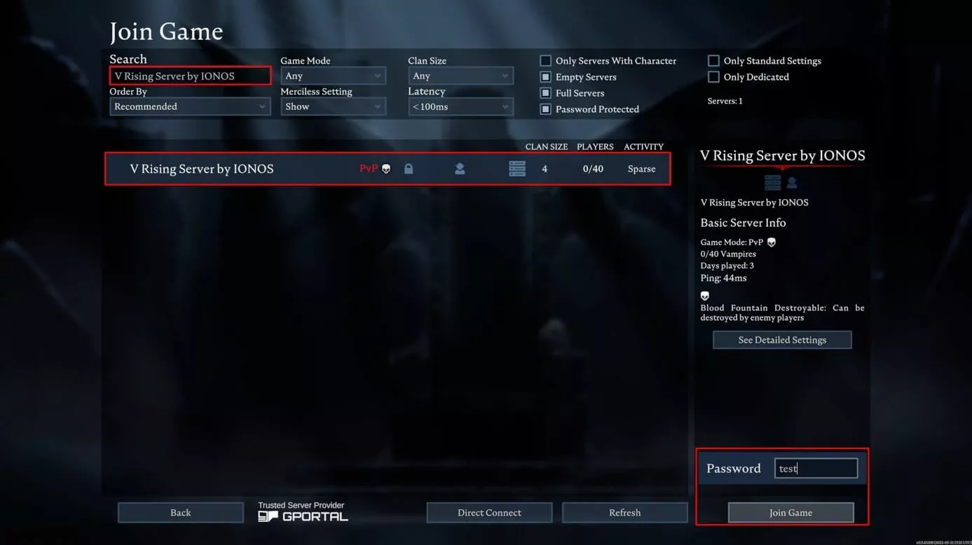 Screenshot da V Rising: accedere al server