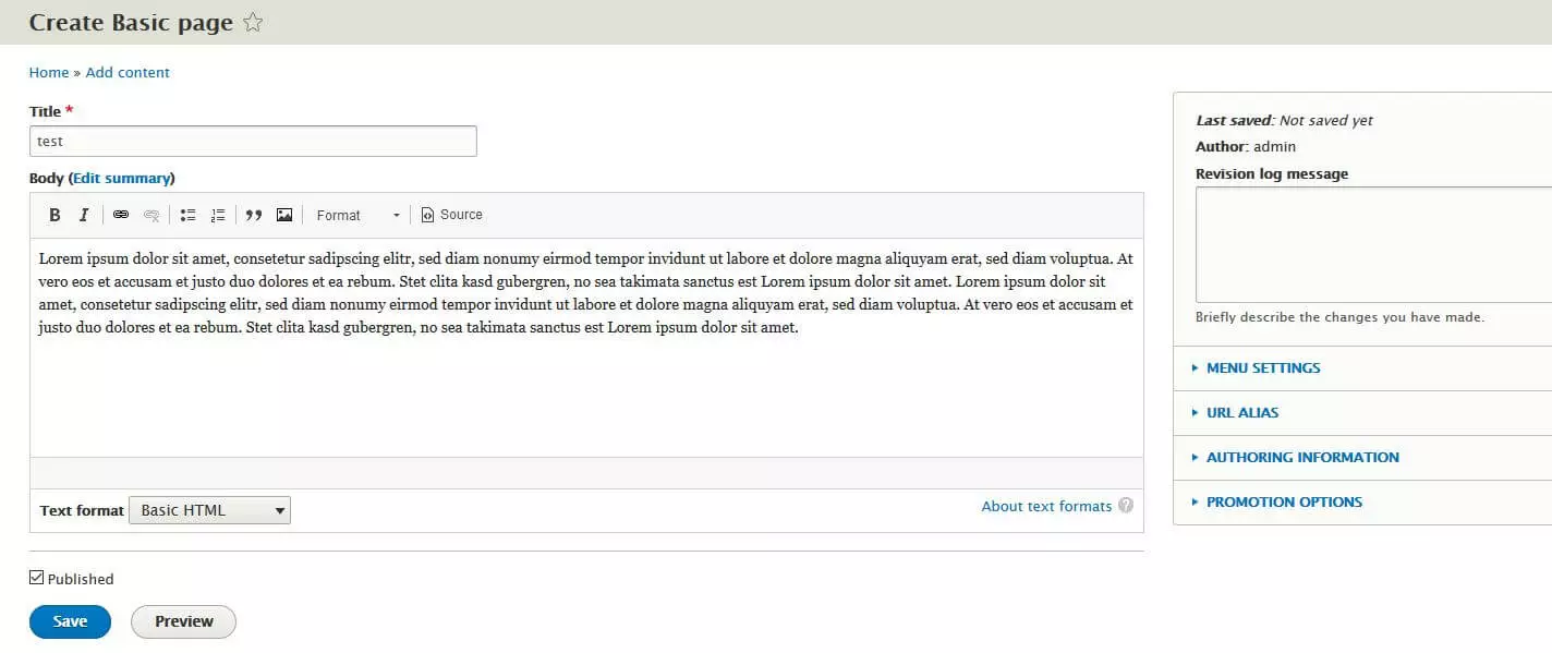 Menu “Crea pagine base” in Drupal