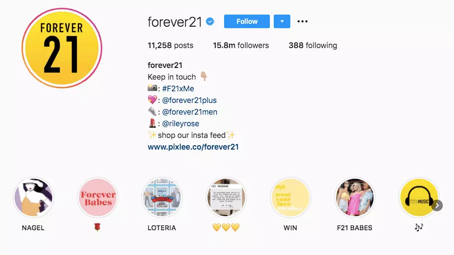 Immagine: Community hashtag nella bio di Instagram di Forever21