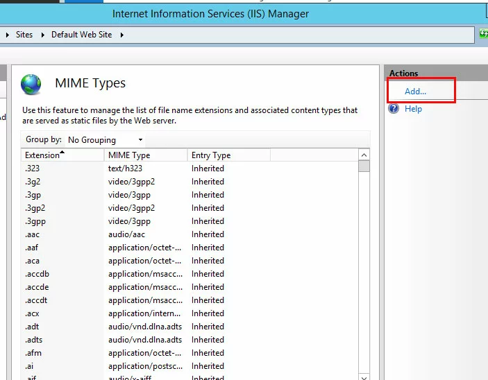 Gestore IIS: aggiunta di tipi MIME Gestore IIS: aggiunta di tipi MIME