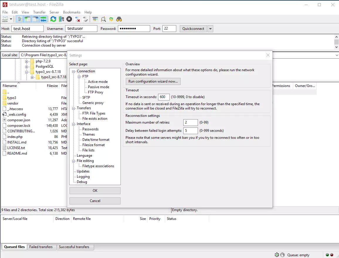 L'interfaccia FileZilla per impostare connessioni, trasferimento, interfaccia utente, modifica dei file, aggiornamenti, registrazione e debug