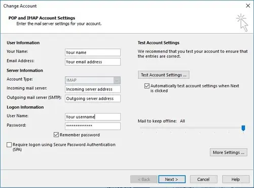 Impostazioni account POP e IMAP su Outlook Immagine: Impostazioni account POP e IMAP su Outlook