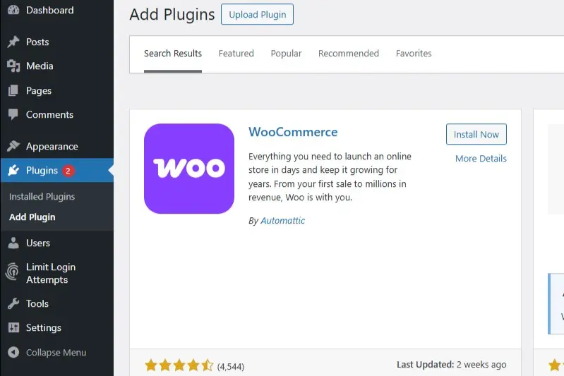 Immagine: Plugin WooCommerce nell’elenco dei plugin disponibili di WordPress