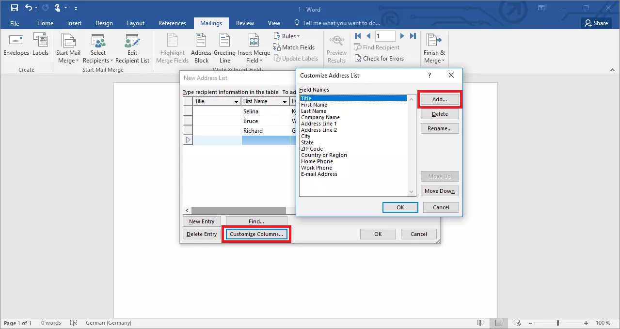 Menu per aggiungere nuove colonne in un elenco di indirizzi di Word 