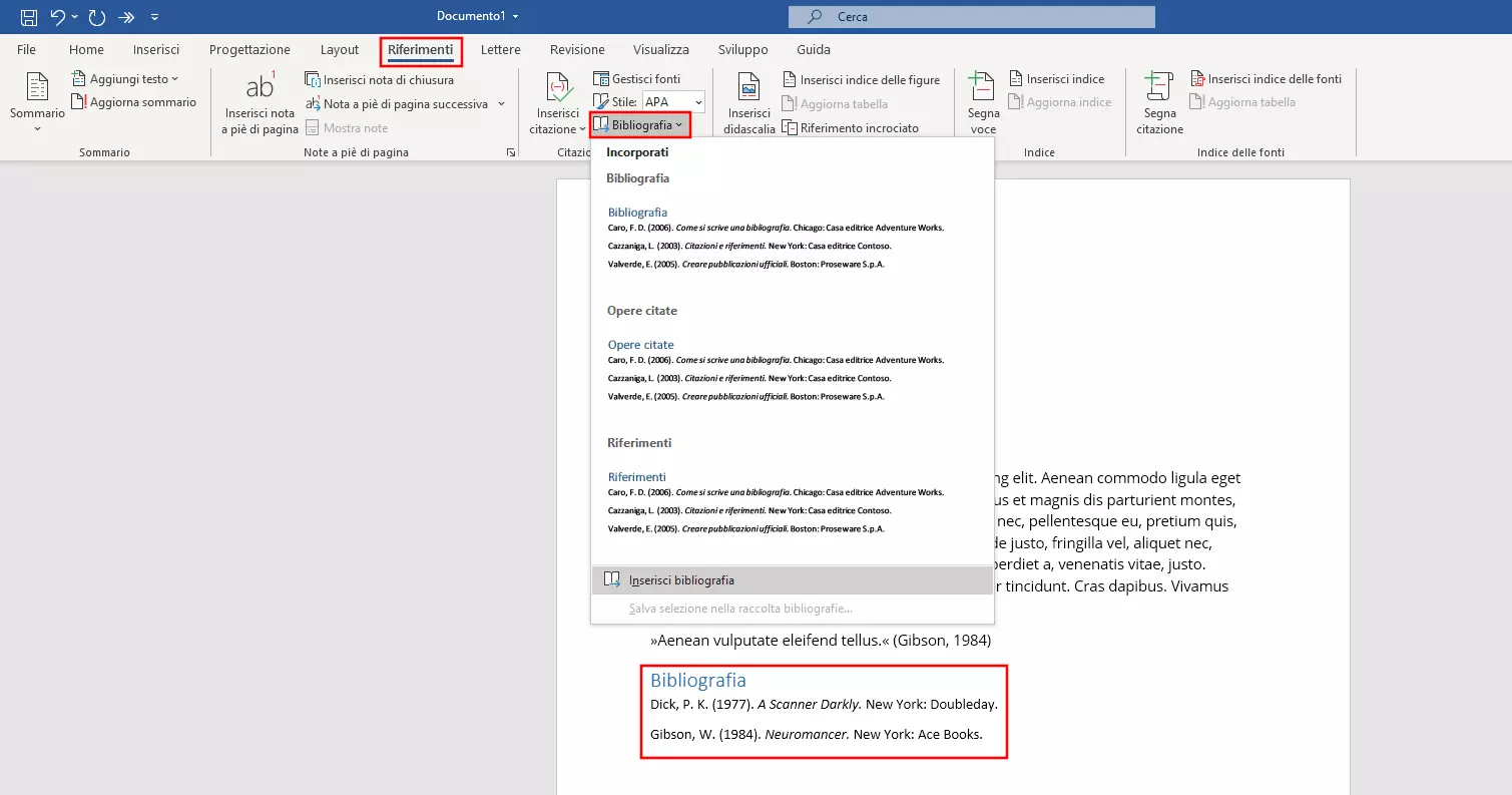 Menu per creare una bibliografia in Word