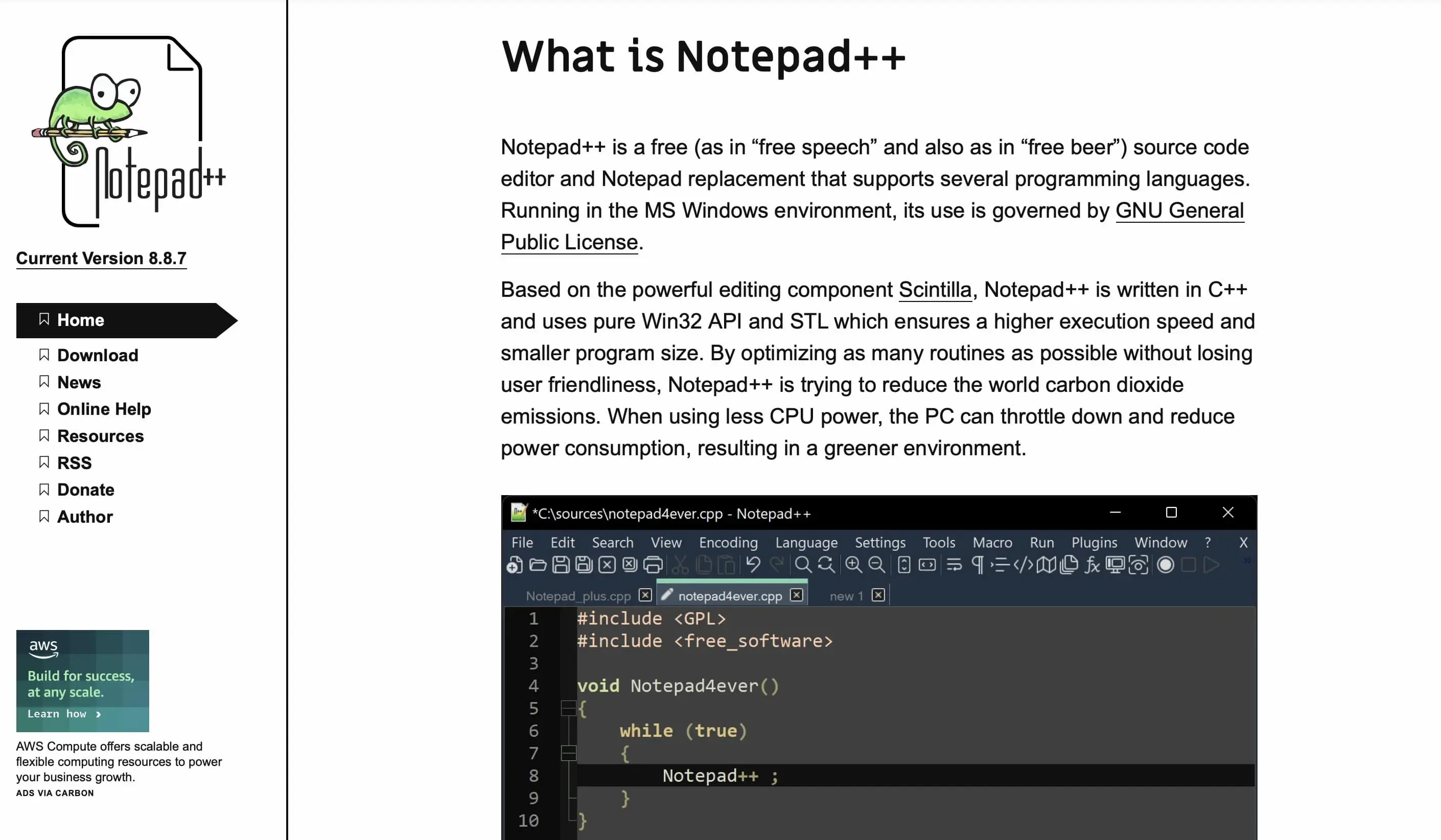 Screenshot del sito di Notepad++ Immagine: Screenshot del sito di Notepad++