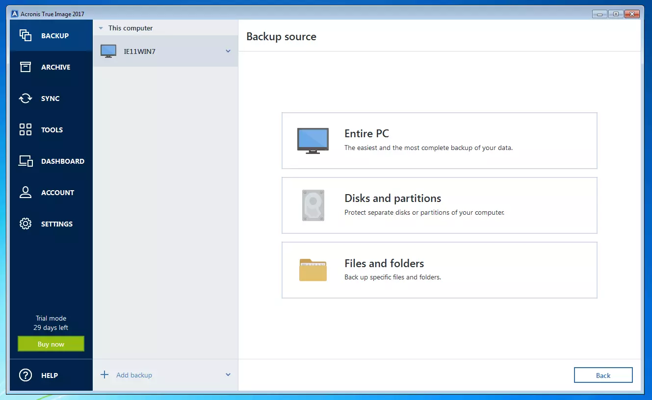 Acronis True Image: menu per la scelta della fonte di dati