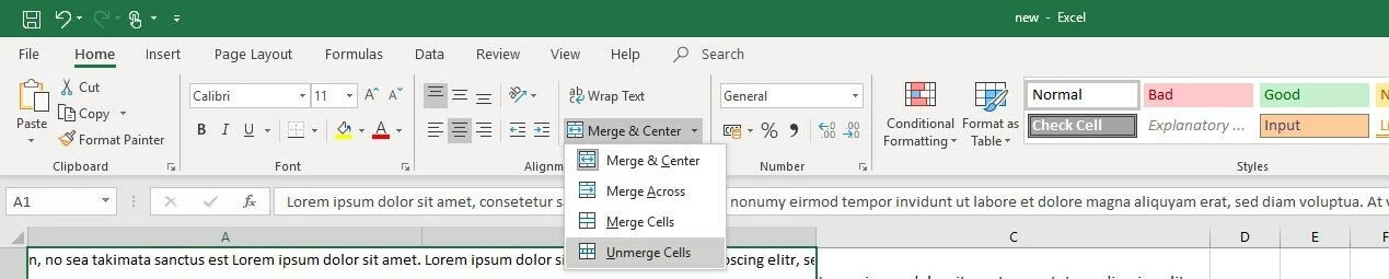 Immagine: Opzioni di selezione nel menu Excel “Unisci e allinea al centro”