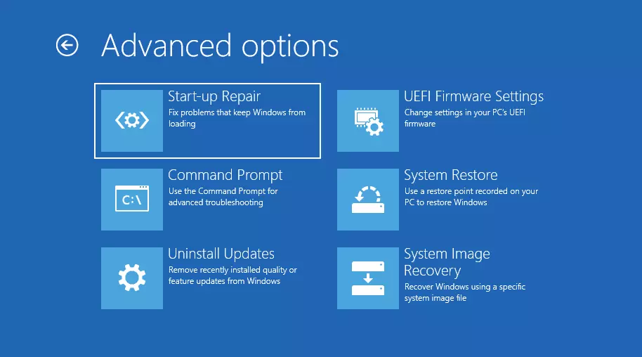 Schermata del menu Opzioni avanzate di WindowsRE su Windows 11 Schermata del menu Opzioni avanzate di WindowsRE su Windows 11