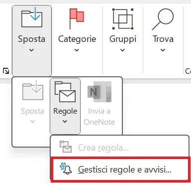 Menu di Outlook: Gestisci regole e avvisi Immagine: Menu di Outlook: Gestisci regole e avvisi