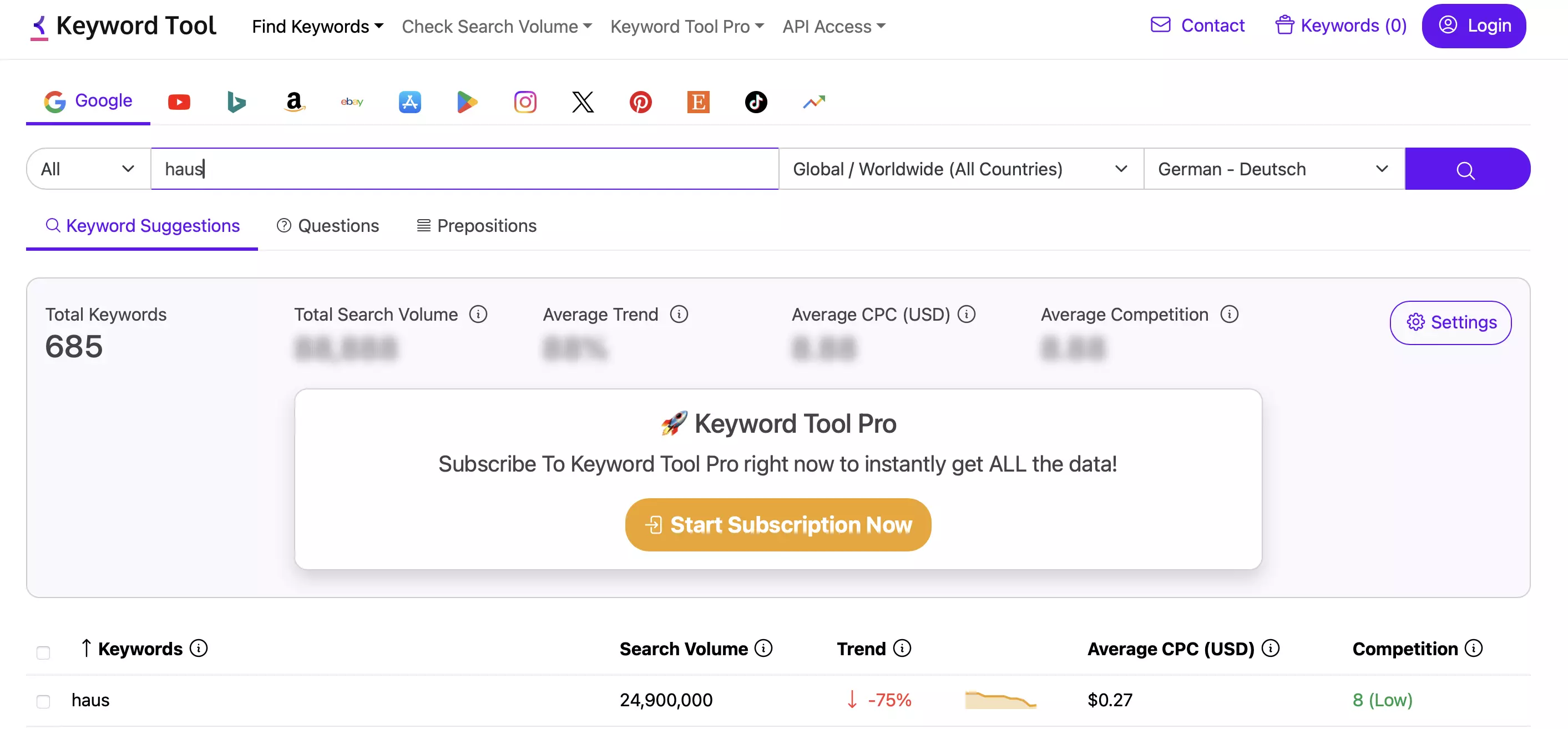 Immagine: KeywordTool.io: risultato della ricerca su Google per il termine tedesco “haus”