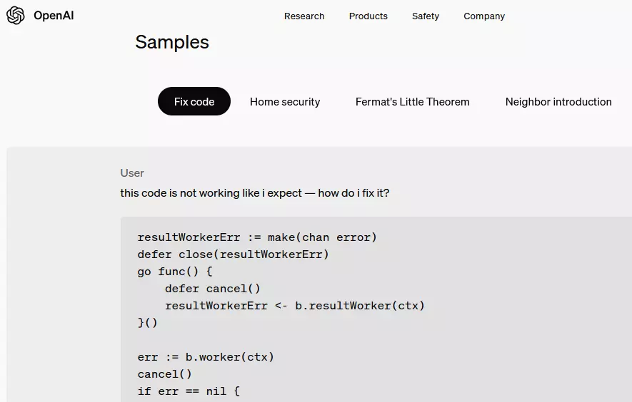 Sito web di OpenAI: esempio di codice di ChatGPT Immagine: Sito web di OpenAI: esempio di codice di ChatGPT