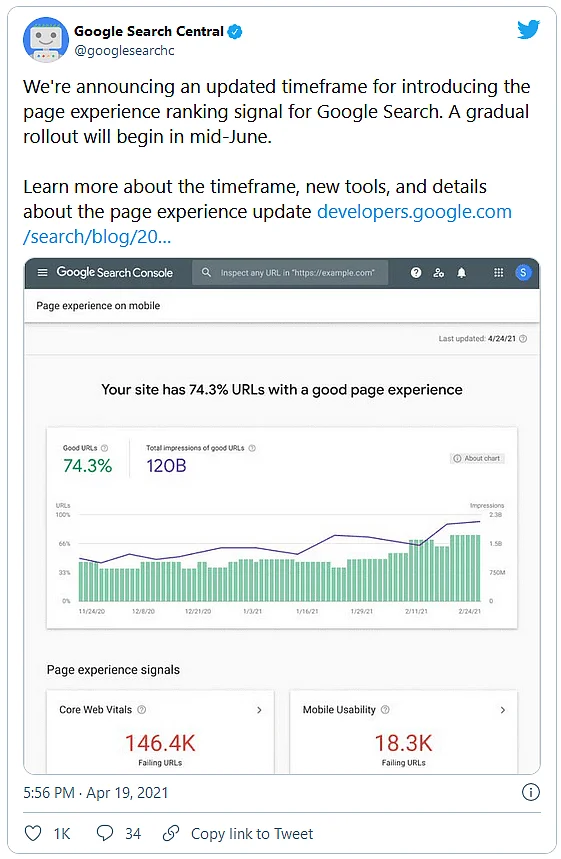 Tweet del team di Google sui segnali web essenziali Immagine: Tweet del team di Google sui segnali web essenziali