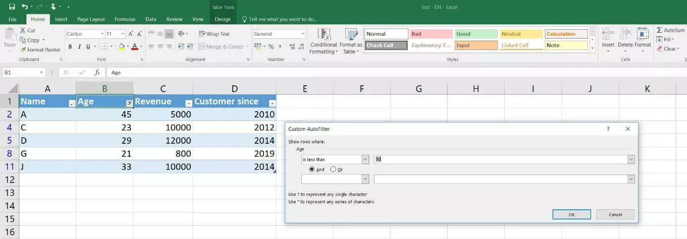 Immagine: Tabella Excel con filtro definito dall’utente