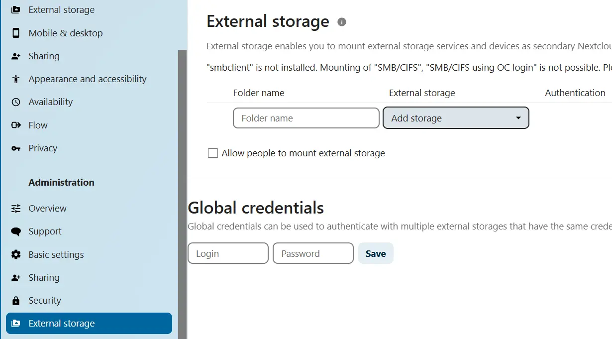 Immagine: Nextcloud: menu “External storage”