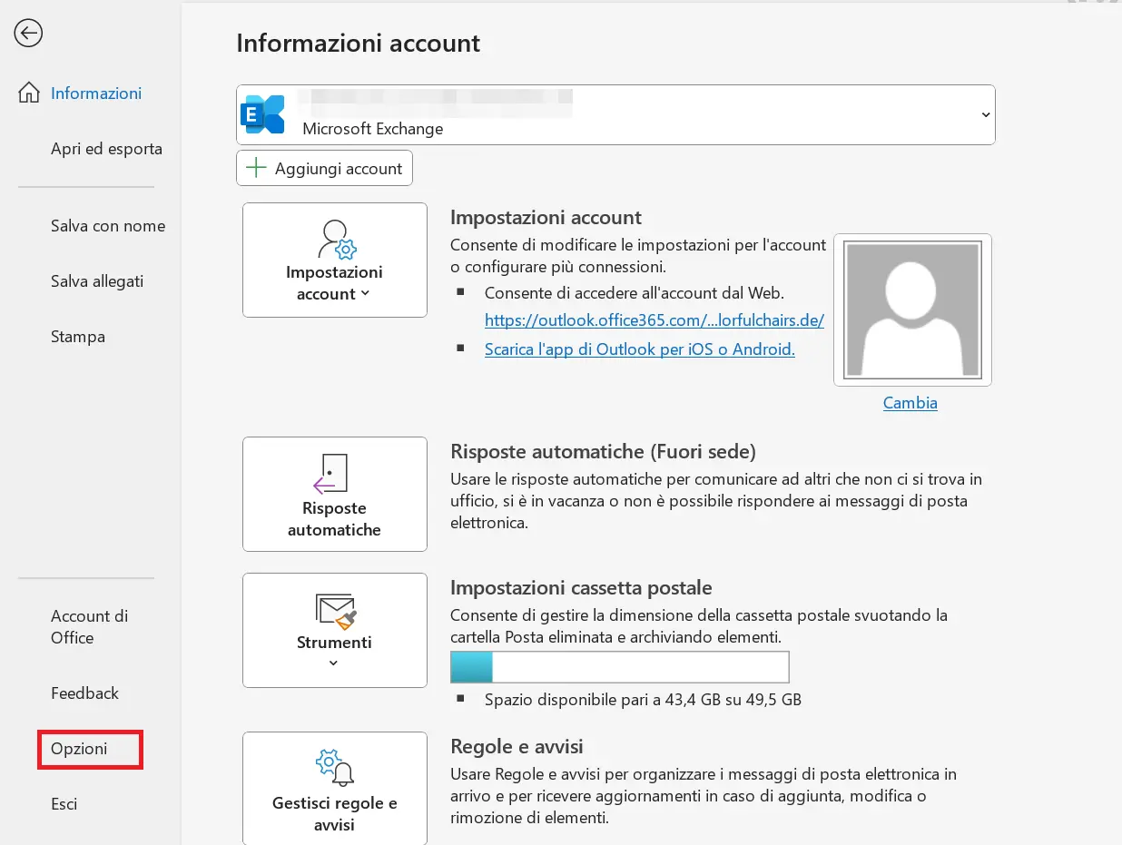 Menu di impostazioni di Outlook Immagine: Menu di impostazioni di Outlook