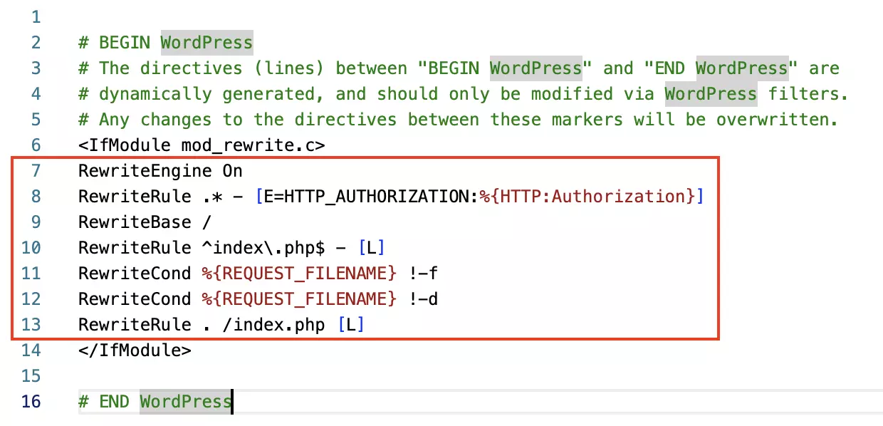 File .htaccess esistente con il codice da sostituire evidenziato Immagine: File .htaccess esistente con il codice da sostituire evidenziato