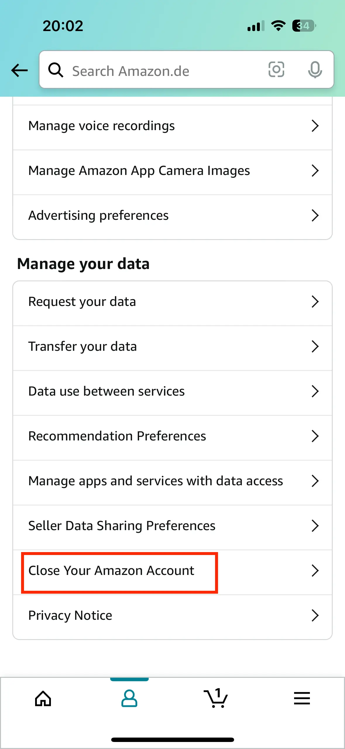 Immagine: Per eliminare l’account è necessario andare su “Gestisci i tuoi dati” nel menu