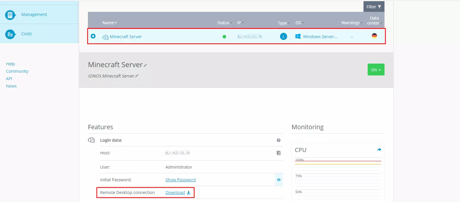 Cloud Panel di IONOS: scelta del server