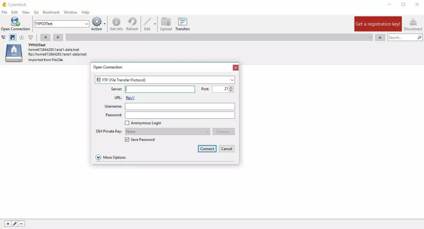 Cyberduck: menu per stabilire una nuova connessione FTP