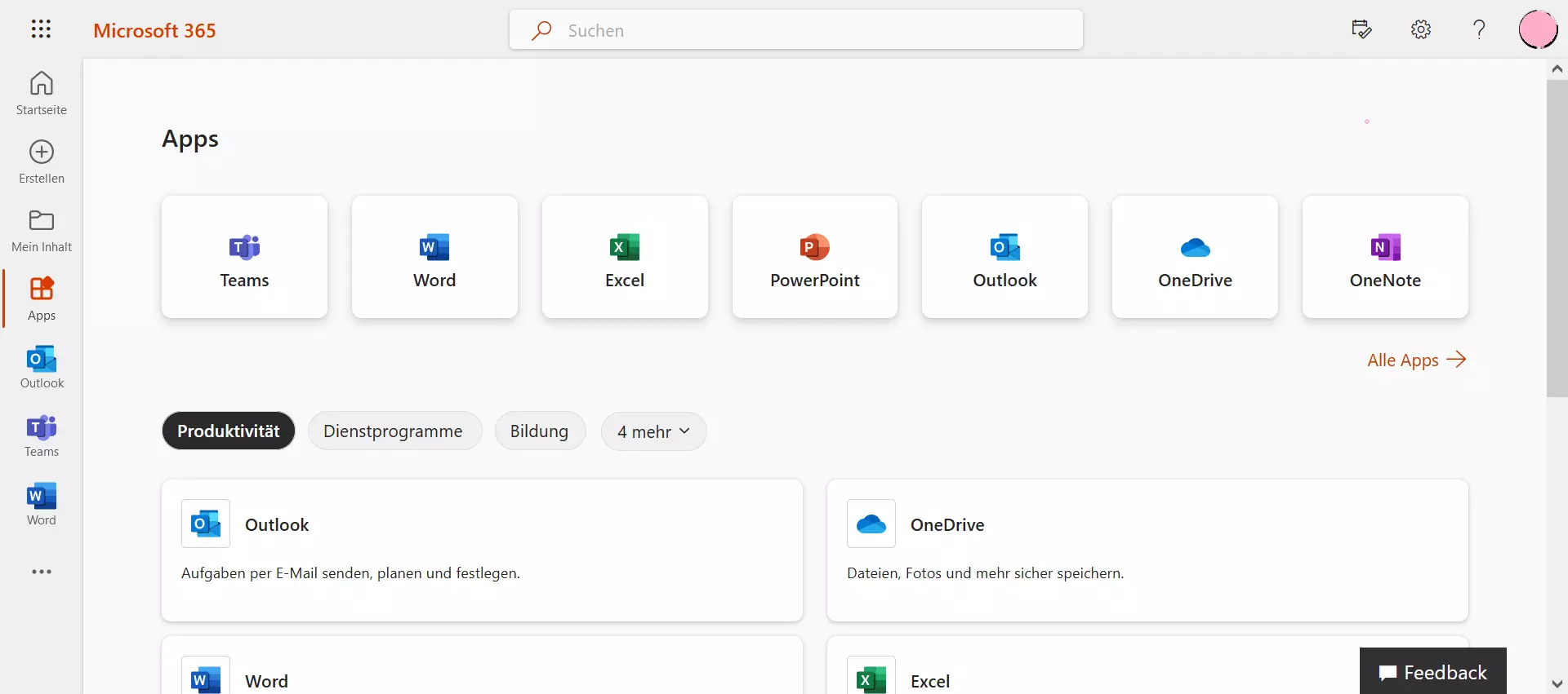 Das „Apps“-Menü im Microsoft-356-Konto Immagine: Das „Apps“-Menü im Microsoft-356-Konto