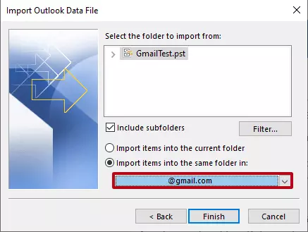 Procedura guidata di importazione/esportazione di Outlook: selezione dell’account Gmail