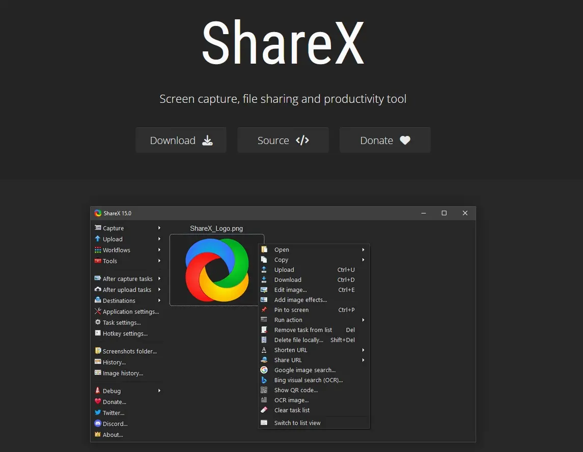 Immagine: Pagina iniziale dello strumento per fare screenshot ShareX