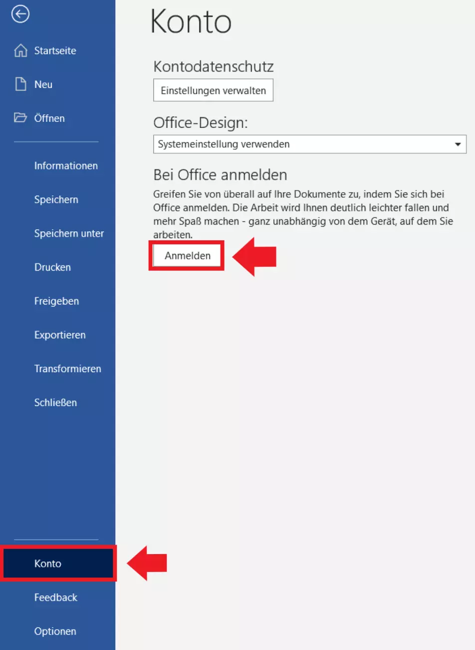 Das Untermenü „Konto“ im Menü „Datei“ der Word-App Immagine: Das Untermenü „Konto“ im Menü „Datei“ der Word-App