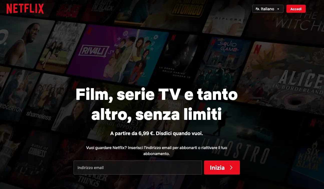 Pagina di destinazione di Netflix Italia Immagine: Pagina di destinazione di Netflix Italia