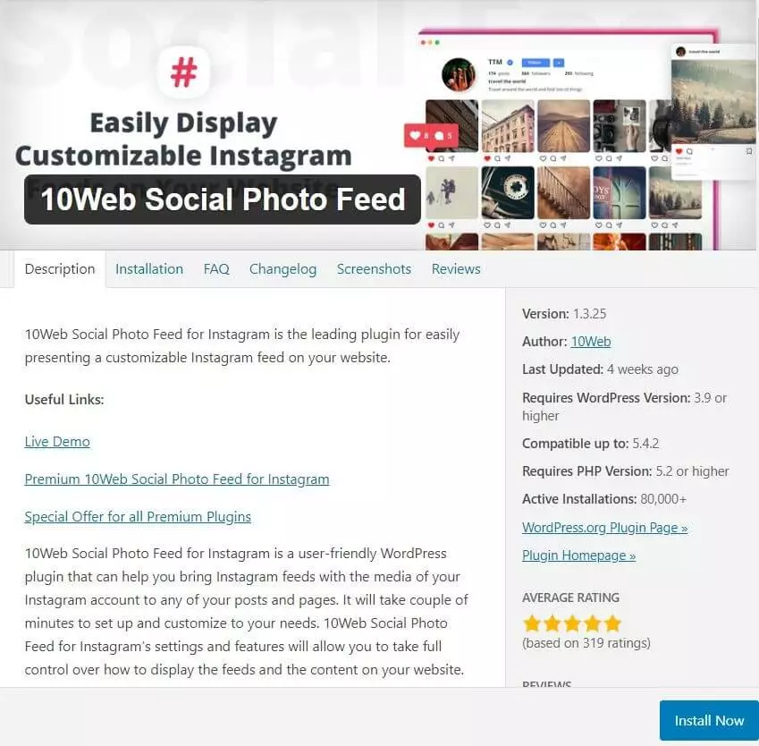 Plug-in Instagram per WordPress: 10Web Social Photo Feed