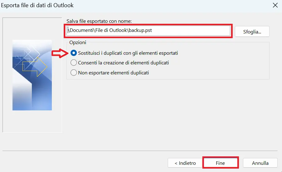 Immagine: Procedura guidata di importazione ed esportazione di Outlook: salvataggio dei file esportati