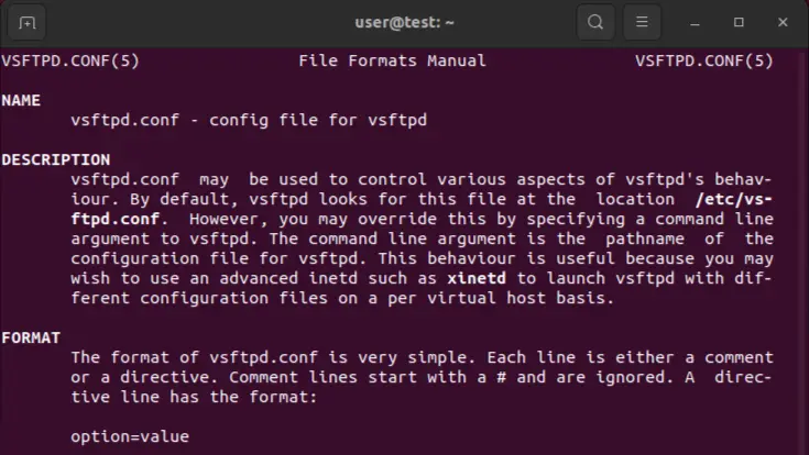 Pagina man del file di configurazione vsftpd Immagine: Pagina man del file di configurazione vsftpd