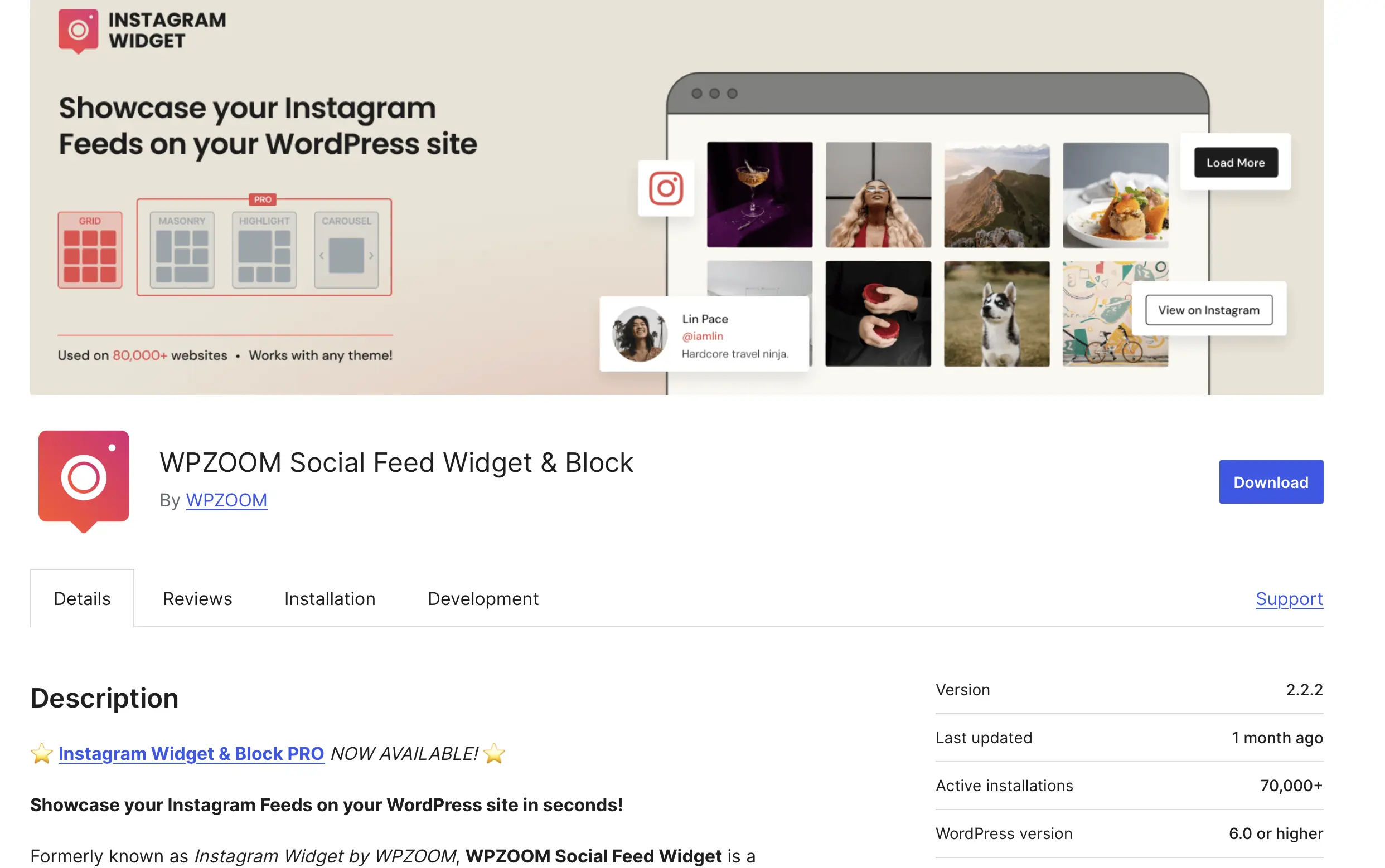WPZOOM Social Feed Widget & Block nella directory dei plugin di WordPress Immagine: WPZOOM Social Feed Widget & Block nella directory dei plugin di WordPress