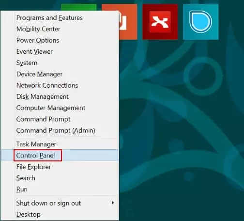 Menu di Windows 8 raggiungibile tramite il pannello di controllo