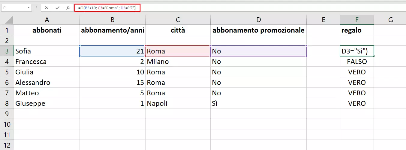 Funzione O di Excel con categorie autodefinite