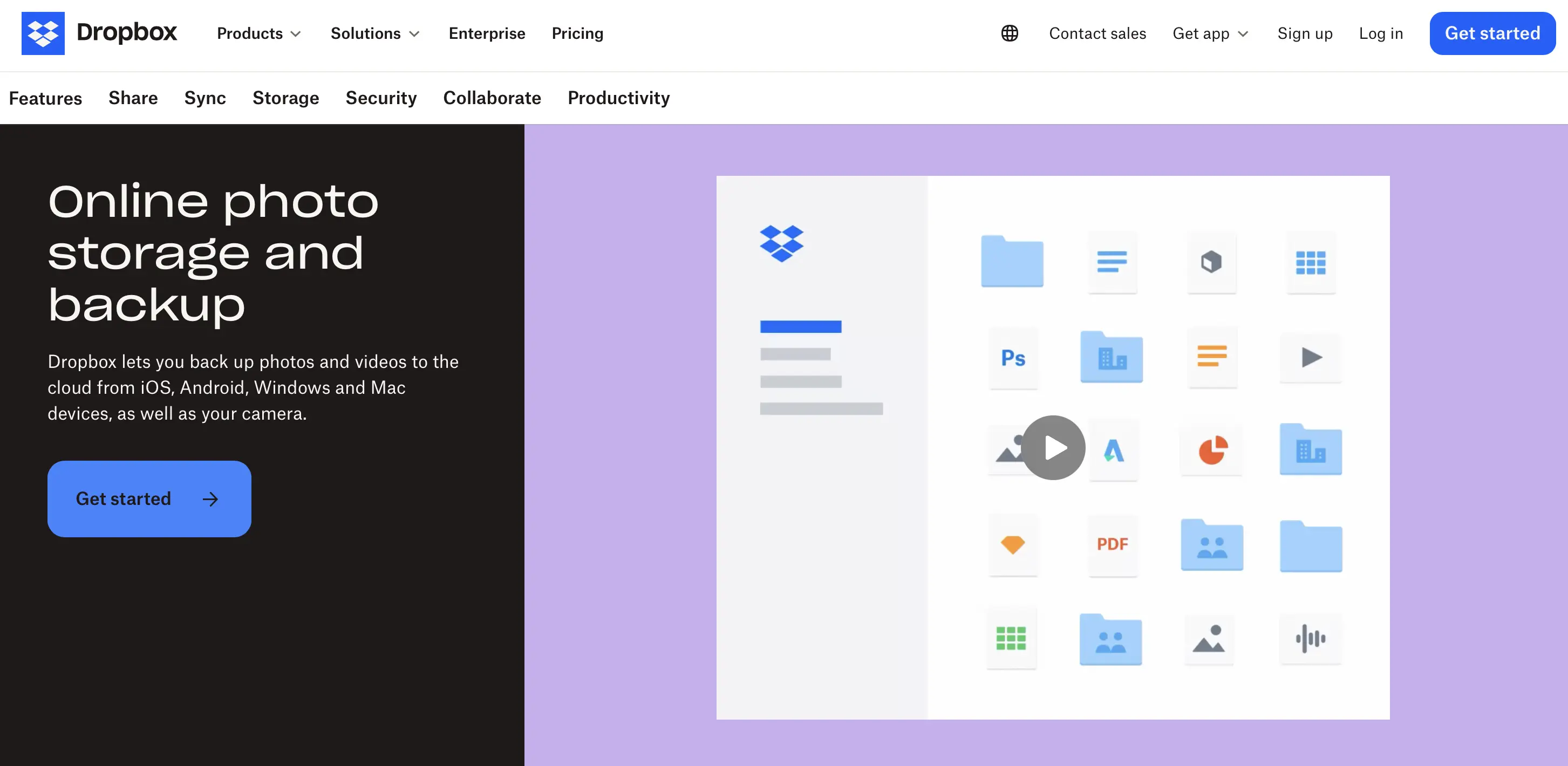 Immagine: Screenshot del sito web di Dropbox dedicato alle caratteristiche cloud