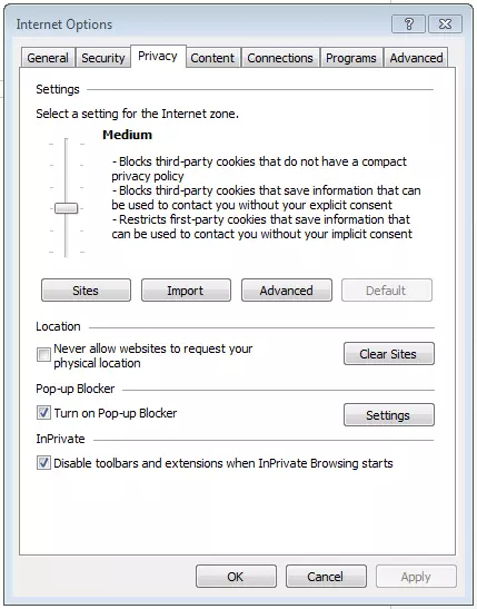 Internet Explorer: Finestra delle opzioni Internet e delle impostazioni dei cookie