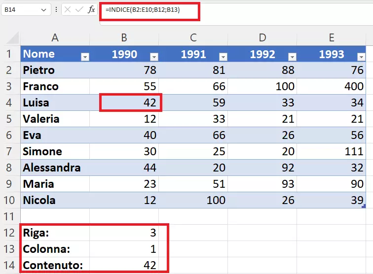 Tabella in Excel con semplice funzione INDICE Tabella in Excel con semplice funzione INDICE